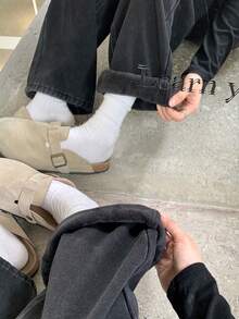 宽松版型保暖内衬直筒牛仔裤，女士加厚牛仔长裤 - 黑色 - 查看 4