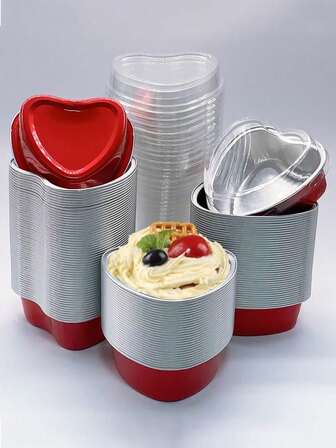 Cakegiugiu 50pcs Heart-Shaped Aluminum Foil Cake Cups With Lids,Heat Resistant Baking Cups With Lids,Heart Shaped Pudding Cupcake Cups, Perfect For Valentine's Day ,Wedding,Mother's Day,Birthday,And Christmas!