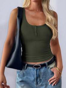 Women's New Solid Color Minimalist Slimming Button Camisole Top - Army Green - View 6