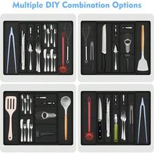 HAWTSilverware Drawer Organizer DIY Customize Expandable Utensil Tray For Kitchen Upgraded Flatware Cutlery Holders Adjustable Plastic Tableware Storage For Spatula Spoons Forks Knives Black - 黑色 - 查看 4