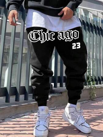 Teenagers' Handsome Lightning & English Print Drawstring Waist Fleece Sports Pants, Suitable For Carnival, Back To School Dance, Teen Boys Gifts, Autumn/Winter