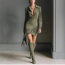 2025 Western Cowboy Style Suede Fringe Slim Fit Long Sleeve Dress - 深綠色 - 查看 2