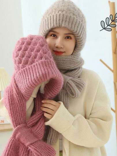 1pc Polyester Solid Color Textured Fried Dough Twist Knit Hat With Neck & Ear Warmer, All-In-One Maternity Hat For Winter Warmth, Best Gift For Mom