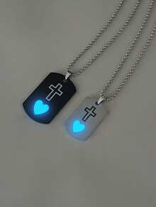 2pcs/Set SHEISFREEDOM Glow-In-The-Dark Couple/Friendship Stainless Steel Heart & Cross Pendant Necklace & Bracelet Set, Casual Jewelry Suitable For Daily Wear And Holiday Gifts, Comes With Brand Box