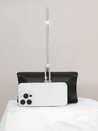 1 pieza Bolso de mano de noche con forma de caja decorado con rhinestones brillantes, bolso de mano formal de satén para fiestas, cartera de vestido formal de moda con cadena, bolso de fiesta y boda