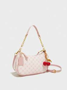 New Fashion Classic Pink Multifunctional Waterproof PU Material, Decorated With Letter Pattern, Contrast Color Blocking Solid Color Crescent Shoulder Bag, Chain One Shoulder Underarm Bag, Comes With Long Diagonal Shoulder Strap, Cherry Pendant Decor, Ladies Business Commuter Shoulder Bag, Lightweight, Suitable For Shopping And Gatherings, Easy To Carry. - Pink - View 6