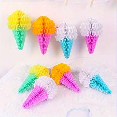 1/4个 - 17.02厘米彩色纸蜂窝冰淇淋装饰品，适用于生日派对、舞会、婚礼装饰