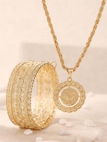 1 Set Middle East Style Fashion Palace Hollowed-Out Sunflower Round Pendant Necklace, Matching Napoleon Coin Portrait Engraved Adjustable Bangle, Suitable For Wedding, Party, And Event Wear - SZ3016+2961 - View 11