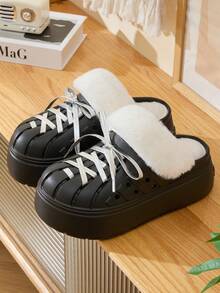 أحذية منزلية سميكة الوحدة ذات الفراء المجوفة، أحذية زوجية مغلقة الأصابع مصنوعة من مادة EVA دافئة للخريف/الشتاء - الأسود - مشاهدة 4