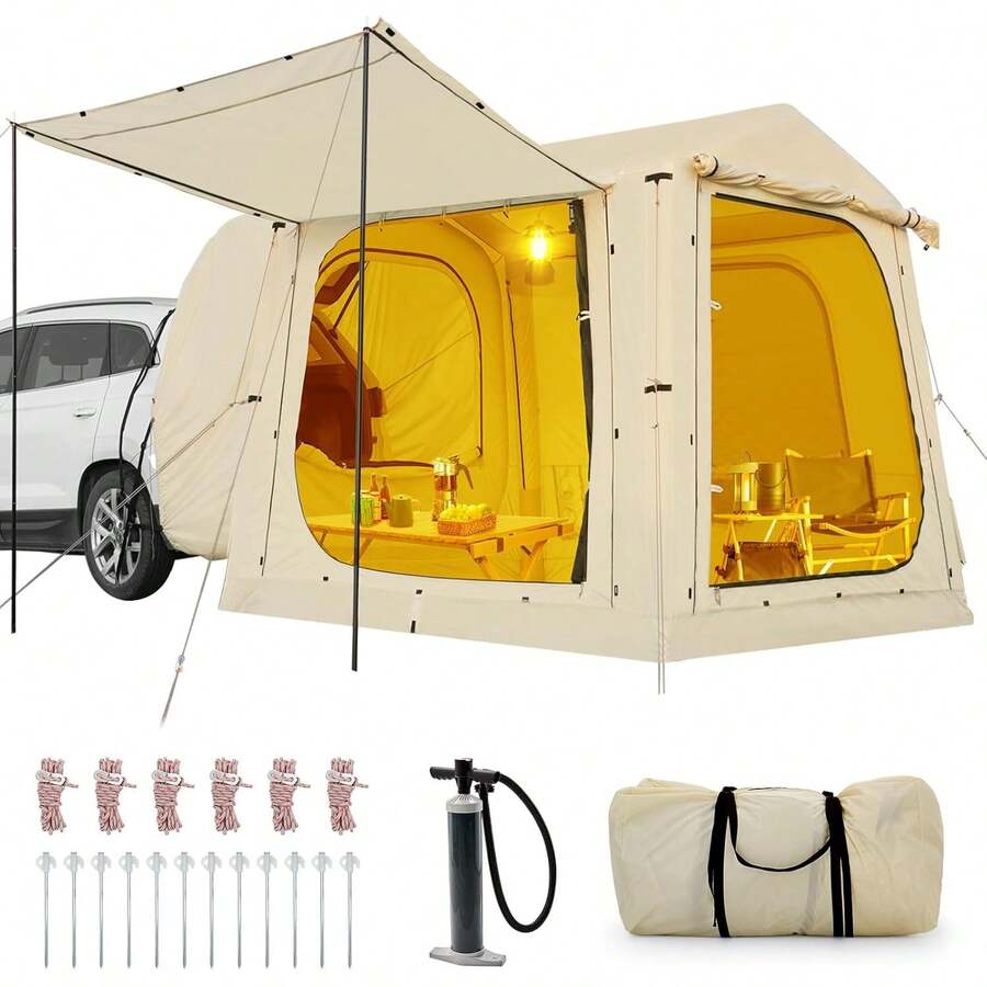Inflatable Tents For Camping, Blow Up Tent With Hand Pump, Easy Setup InflatableTent 4 Season Tent, Waterproof Oxford Air Glamping Tents For Camping Adult 4/6/8 Person - 兩房公寓 - 米色 - 13英尺 x 9英尺 x 6.5英尺 - 查看 1