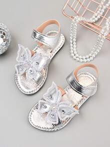 1双女童闪亮蝴蝶结装饰简约优雅平底凉鞋，防滑轻便舒适，适合派对、休闲、户外穿着 - 銀色 - 查看 2
