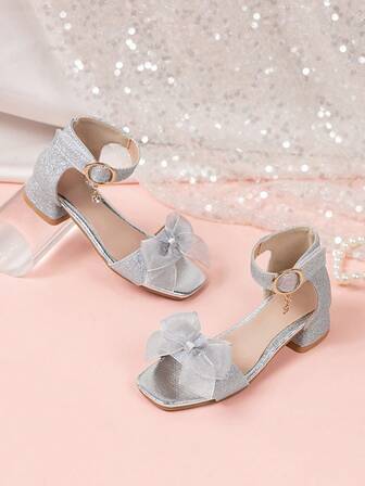 1 Pair Girls' Summer Casual Versatile Anti-Slip High Heel Sandals, Suitable For School Performance, Children Solid Color Sequin Fashion Sandals