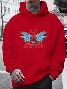 Men's Hooded Sweatshirt, Men's Fashion Hoodie With Triangular Eye Print, Blue Wings And Red Lightning Bolts For Daily Use, Social Outings, Winter And Spring, Christmas Outfit Ideas, Perfect For Outdoor Activities, Parties, And The Best Gift For Friends. - 紅色 - 查看 1