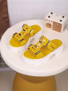儿童PU皮厚底拖鞋一双，时尚简约，适合夏季穿着 - 黃色 - 查看 7