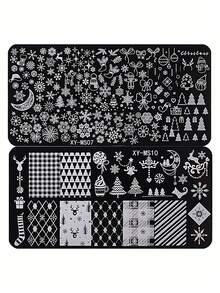 2/4件套圣诞冬季雪花美甲印花板，包含圣诞老人、驯鹿、字母、蝴蝶结、圣诞树、姜饼人图案，Y2K风格美甲印花模板，DIY美甲沙龙，美甲用品 - 銀色 - 查看 14