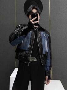 Spring And Autumn Vintage Patchwork Denim Jacket, Men's Niche Splicing Design Korean Short Jacket Casual Top - 黑色 - 查看 7