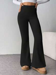 Pantalon évasé à taille haute élastique de couleur unie pour femmes, leggings de yoga, pantalon de compression serré pour les sports, la course, le fitness, le printemps/l'été - Noir - Voir 1
