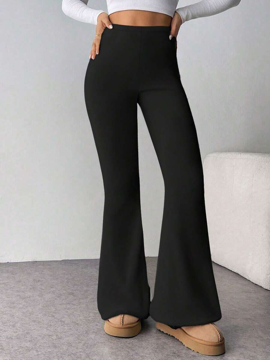 Pantalon évasé à taille haute élastique de couleur unie pour femmes, leggings de yoga, pantalon de compression serré pour les sports, la course, le fitness, le printemps/l'été - Noir - Voir 1