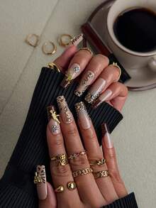 NAIO 10片/套 手工方形美甲贴片，Y2K 酷炫风格，裸色和棕色豹纹法式边，可刻字，图案包括AK、金钱和蝴蝶结，适合派对、婚礼和日常佩戴。包含工具包，是送给女性和女孩的绝佳礼物。 - 彩色 - 查看 3