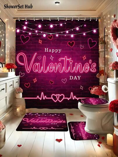 Valentine's Day Decorations1/3/4pcs Neon Shower Curtain Bathroom Sets, Romantic Holiday Waterproof And Wear-Resistant Accessories,With 12 Hooks - Includes Toilet Seat Cover, Bath Mats, And Rugs - Plastic Fabric - Washable,Mildew-Resistant - Perfect For Holiday Decor,Home/Bedroom/House/Western/Spring Decor,
