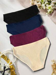 4pcs/Pack Women's Comfortable Ribbed Bikini Panty Set - Multicolor - View 3