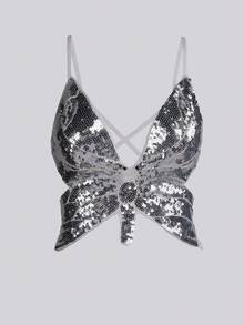 Rave Festival Orange Butterfly Sparkling Sequin Criss Cross Low-Cut Backless Body Shaper Crop Cami Clubwear Fancy Top - Silver - View 1