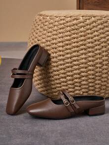 MonaNise 女士3厘米布面包跟黑色时尚百搭藏蓝色、咖啡色、酒红色低跟粗跟优雅玛丽珍鞋 - 棕色 - 查看 4