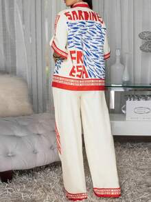 Chemise boutonnée à manches courtes et col pour femme, imprimée de lettres et de poissons, et pantalon large, tenue décontractée - Nude - Voir 2