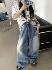 Retro Versatile Loose Wide Leg Jeans For Women, High-End Feel, Spring/Autumn - Blue - View 2