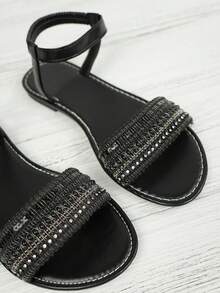 Women's Fashion Embroidered Comfortable Elastic Band Beach Flat Sandals, Plus Size; Women's Pearl Chain Decor Flat Sandals - Black - View 7