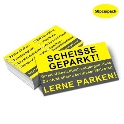 50 Stücke Deutsche humorvolle Parkplatz Erinnerungskarten | Beschreibbare Auto/Motorrad Streich Warnkarten | 9x5,4cm kleine Größe lustige "Illegale Parken Hinweise" Zettel | Sarkastischer Stil Parkplatz Hinweiszettel