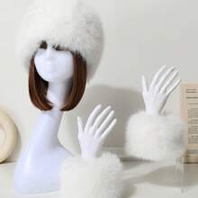 一套女士纯色毛绒渔夫帽，包含臂套、腕套、保暖防风护耳帽、针织帽，可爱休闲优雅复古街头风百搭宽松针织帽，适合户外、滑雪、骑行、旅行、派对、日常佩戴，情人节礼物 - 米色 - 查看 12