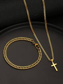 1 Set Kids Hip Hop Stainless Steel Cross Pendant Necklace And Bracelet, Suitable For Boys And Girls, Fashionable Street Jewelry, Children's Birthday Gift - Gold - View 2