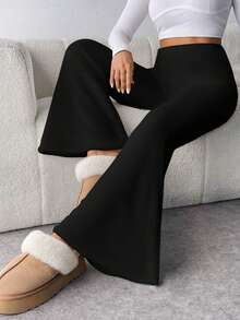 Women's Black Flared Pants, Daily Casual Yoga Leggings, Back To School, Fall Women's Wear, Pants, Sweatpants, Women's Trousers, - Black - View 5