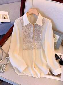 Women's Shiny Sequin Patchwork Button Decorated Stage & Concert Shirt - Apricot - View 3