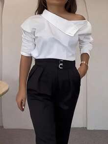 Plus Size Women Casual Solid Color Turtleneck Button-Up Shirt, Spring/Summer - White - View 3