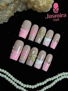 10 Pcs Set Of Pure Handmade Press-On Nail Tips, Medium-Length Elegant Nails, Y2K Press-On Square Nails, Pink Nails, White Nails, Classic French Style, Hand-Carved Designs, Nail Gemstone Embellishments, Shaped With Gel, Suitable For Women And Girls For Home, Parties, Birthdays, And Various Holiday Occasions, Diy Cute Nails. - Nhiều màu - Xem 3