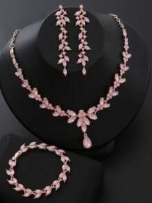 4-Piece/Set Luxury Rhinestone Bridesmaid Jewelry Set, Elegant And Fashionable Horse Eye Pointed Rhinestone Leaf Necklace Pendant Earring Bracelet Set, Suitable For Weddings, Banquets, Dances And Other Occasions - Màu Hồng baby - Xem 6
