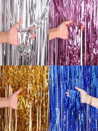 2 piezas Cortina con flecos de lámina metálica brillante, decoración de fondo de fiesta con lámina de aluminio con brillo, disponible en azul lago, oro, plata, adecuado para graduación, cumpleaños, boda, despedida de soltera, cortina de oropel para adultos, ideal para fondo de fiesta de cumpleaños y celebración de vacaciones