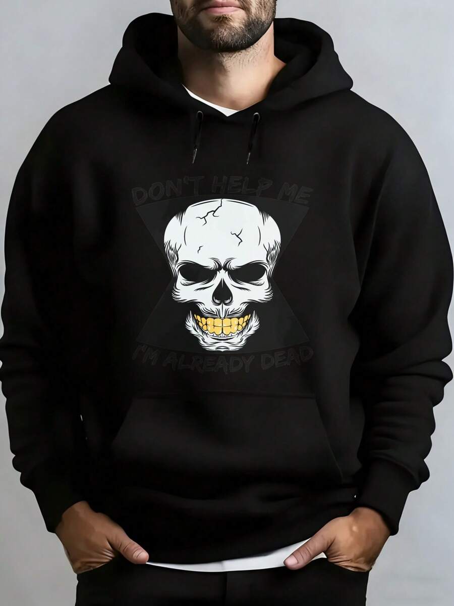 Men's Hooded Sweatshirt, Women's Men's Fashion Black Hoodie With Skull Print And "Don't Help Me I'm Already Dead" Text For Daily Use And Casual Occasions Winter Spring, Christmas Outfit Ideas, Perfect For Outdoor Activities, Parties, And The Best Gift For Friends. - 黑色 - 查看 1