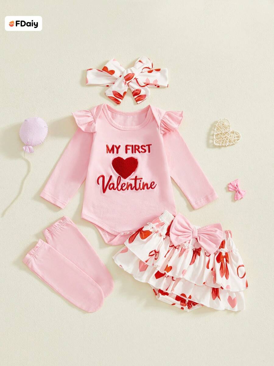 Conjunto de 4 piezas para niña pequeña con volantes, manga larga, cuello redondo, pantalones cortos en capas, diadema y calcetines para San Valentín - Rosa - Ver 1