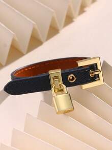 1pc Leather Lock Bracelet, Fashion Wristband Accessory, Suitable For Women's Daily, Party, Travel Gift, Multi-Color, Adjustable Length