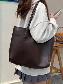 Dark Brown Faux Leather Tote Bag Set With Matching Zipper Pouch, Stylish Large Capacity Minimalist Shoulder Bag, Versatile Top Handle Tote For Daily Commute, Work, Shopping & School, Classic Solid Color Handbag For Women - Coffee Brown - View 5