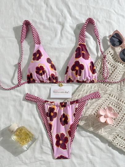 2pcs Floral Colorblock Plaid Print Elegant Ladies Bikini Swimsuit, Adjustable Shoulder Strap, Metal Flower Decor, Suitable For Beach, Pool, Cruise, Party In Spring & Summer