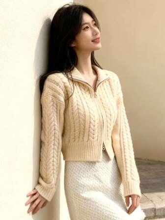 Women's Autumn/Winter Cable Knit Short Cardigan Sweater With Double-Sided Zipper, Slim Fit And Versatile