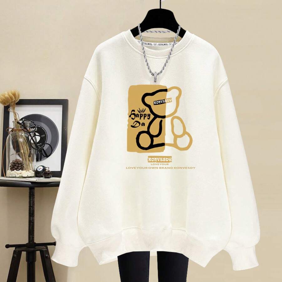Women's Round Neck Cotton Fleece Lined Sweatshirt Plus Thick Warm Spring Autumn Winter High Street Casual Loose Age Reducing Pullover Top Outerwear - 白色(DD15熊寶寶印前)重磅純棉 - 查看 1
