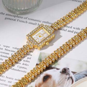New Fashionable Gold Luxury Watch & Bracelet Set For Women, Embellished Square Bangle Watch, Gift For Women On Special Occasions Valentine's Day