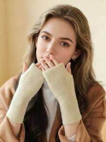 1 Pair Of Winter Plush Knitted Open Finger Warm Gloves, Perfect For Office, Student Writing, Cycling And Skiing, Daily Wear ﻿ - Multicolor - View 9