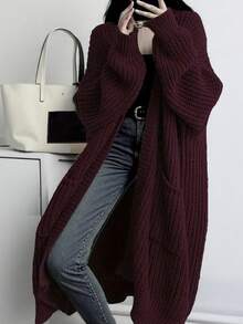 Solid Open Front Loose Knit Cardigan, Casual Long Sleeve Long Length Sweater With Pocket, Women's Clothing