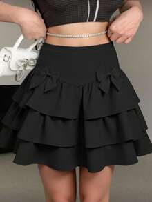 Women's Fashion Skirt, Solid Color, Double Layer With Ruffle, Casual Elegant, Layered, Butterfly Knot, Ruffled Hem, Beach, Vacation - Black - View 2